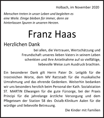 Traueranzeige von Franz Haas von Schwäbische Post