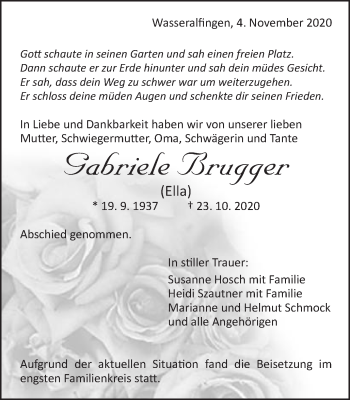 Traueranzeige von Gabriele Brugger von Schwäbische Post