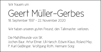 Traueranzeige von Geert Müller-Gerbes von Schwäbische Post