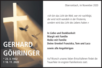 Traueranzeige von Gerhard Göhringer von Schwäbische Post