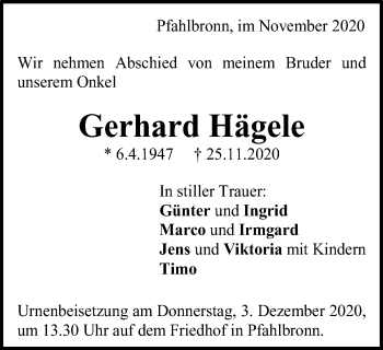Traueranzeige von Gerhard Hägele von Gmünder Tagespost