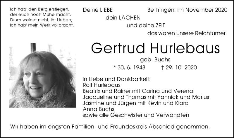  Traueranzeige für Gertrud Hurlebaus vom 05.11.2020 aus Gmünder Tagespost