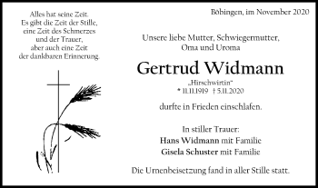Traueranzeige von Gertrud Widmann von Gmünder Tagespost