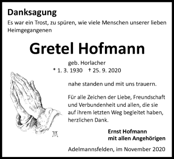 Traueranzeige von Gretel Hofmann von Schwäbische Post