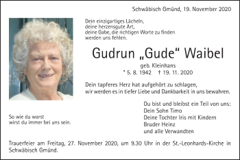 Traueranzeige von Gudrun Waibel von Gmünder Tagespost