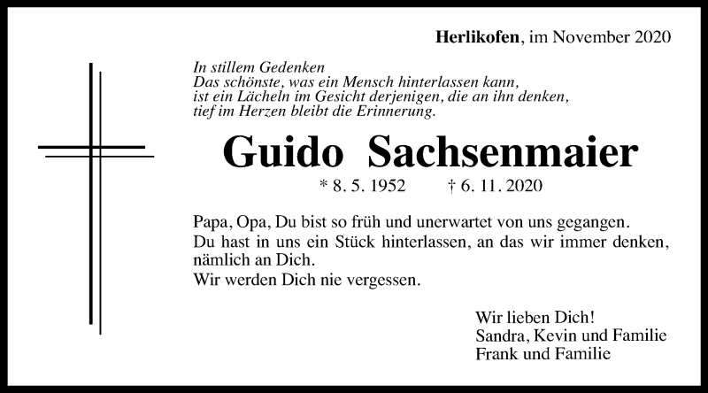  Traueranzeige für Guido Sachsenmaier vom 14.11.2020 aus Gmünder Tagespost