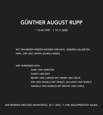 Traueranzeige von Günter August Rupp von Schwäbische Post