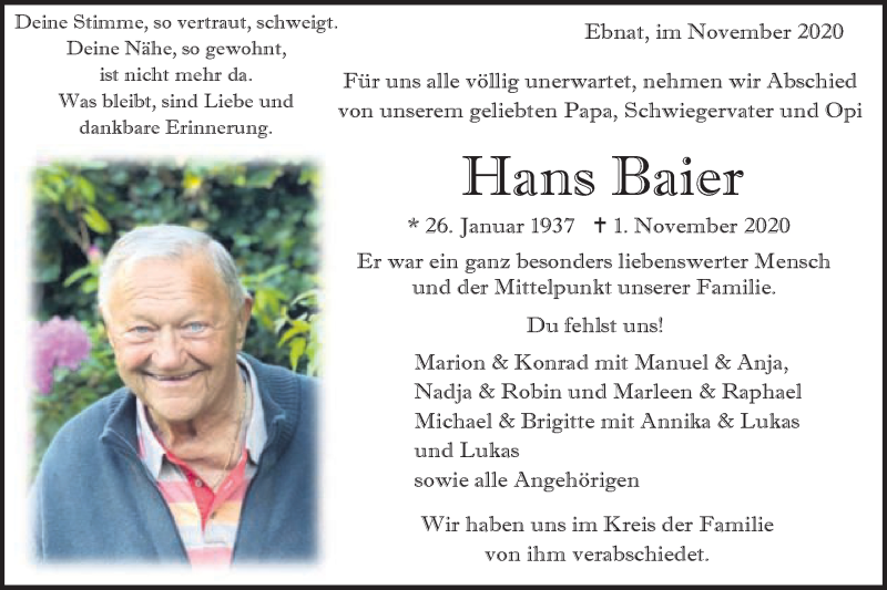  Traueranzeige für Hans Baier vom 11.11.2020 aus Schwäbische Post