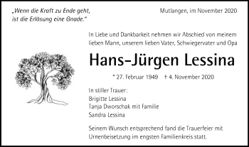 Traueranzeige von Hans-Jürgen Lessina von Gmünder Tagespost