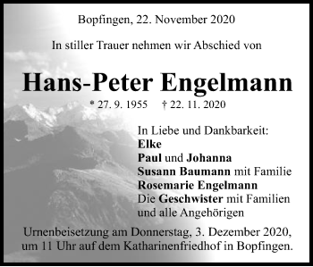 Traueranzeige von Hans-Peter Engelmann von Schwäbische Post