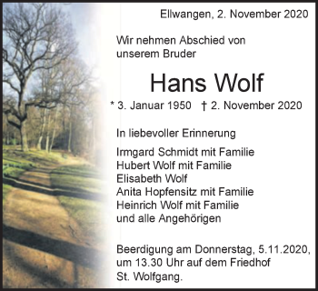 Traueranzeige von Hans Wolf von Schwäbische Post