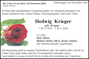 Traueranzeige von Hedwig Krieger von Gmünder Tagespost