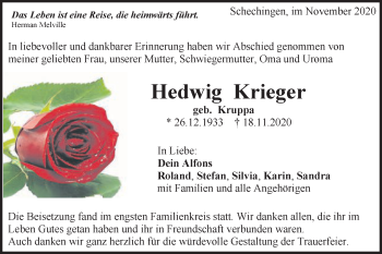 Traueranzeige von Hedwig Krieger