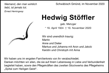 Traueranzeige von Hedwig Stöffler von Gmünder Tagespost