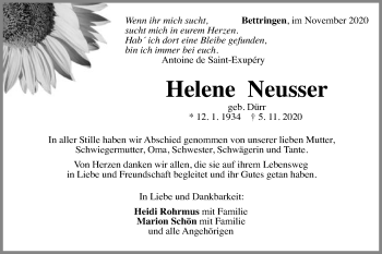 Traueranzeige von Helene Neusser von Gmünder Tagespost