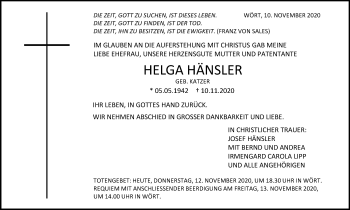 Traueranzeige von Helga Hänsler von Schwäbische Post