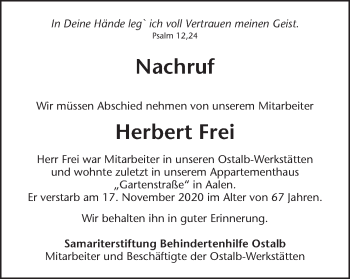Traueranzeige von Herbert Frei von Schwäbische Post