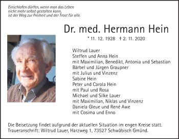 Traueranzeige von Hermann Hein von Gmünder Tagespost