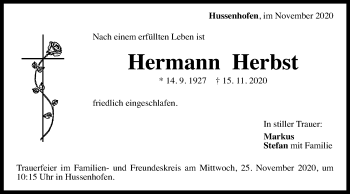 Traueranzeige von Hermann Herbst von Gmünder Tagespost