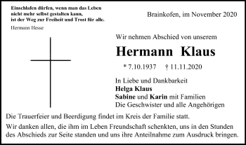 Traueranzeige von Hermann Klaus von Gmünder Tagespost