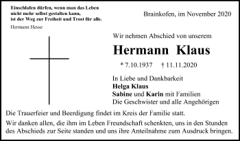 Traueranzeige von Hermann Klaus