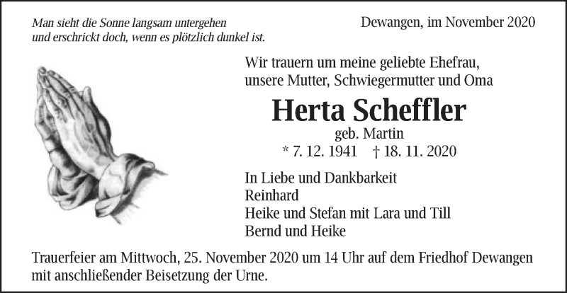  Traueranzeige für Herta Scheffler vom 23.11.2020 aus Schwäbische Post