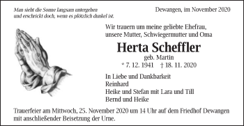 Traueranzeige von Herta Scheffler von Schwäbische Post