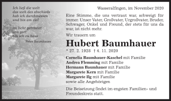 Traueranzeige von Hubert Baumhauer von Schwäbische Post