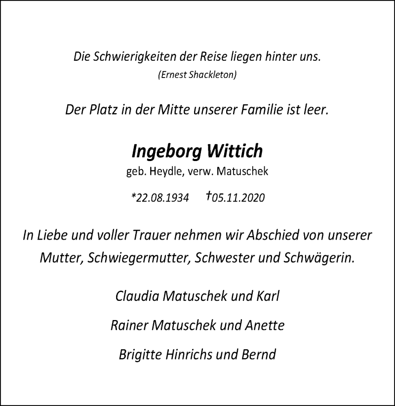  Traueranzeige für Ingeborg Wittich vom 14.11.2020 aus Gmünder Tagespost