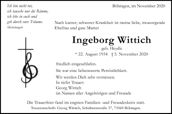 Traueranzeige von Ingeborg Wittich von Gmünder Tagespost
