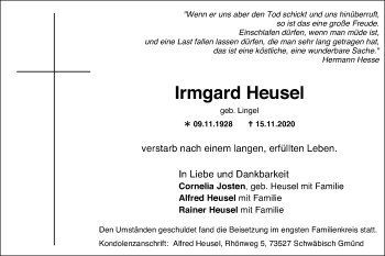 Traueranzeige von Irmgard Heusel von Gmünder Tagespost