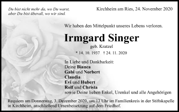 Traueranzeige von Irmgard Singer von Schwäbische Post