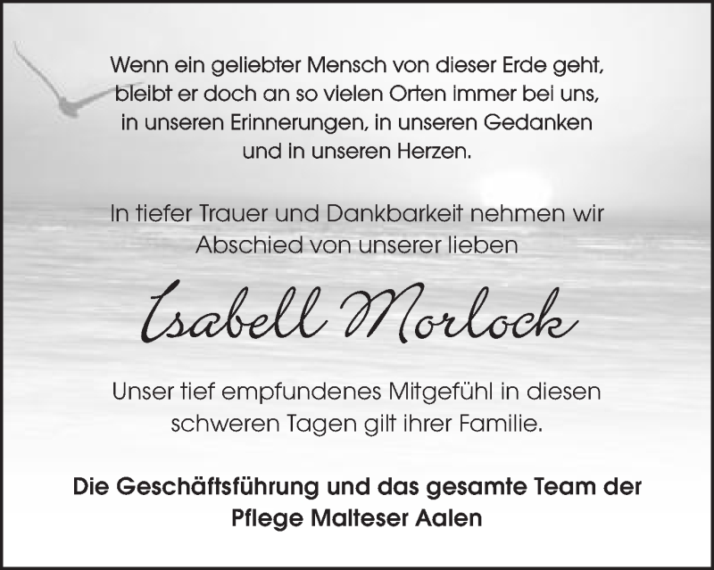  Traueranzeige für Isabell Morlock vom 03.11.2020 aus Schwäbische Post