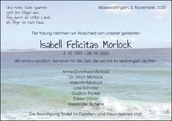 Traueranzeige von Isabell Felicitas Morlock von Schwäbische Post