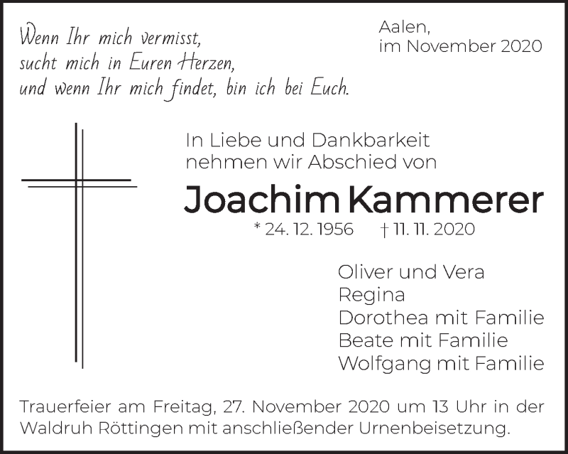  Traueranzeige für Joachim Kammerer vom 24.11.2020 aus Schwäbische Post