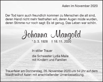 Traueranzeige von Johanna Mangold von Schwäbische Post