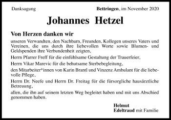Traueranzeige von Johannes Hetzel von Gmünder Tagespost