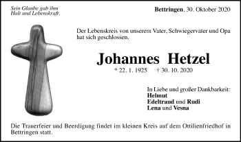 Traueranzeige von Johannes Hetzel von Gmünder Tagespost
