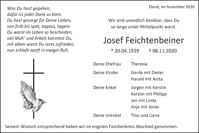  Traueranzeige für Josef Feichtenbeiner vom 20.11.2020 aus Schwäbische Post