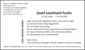 Traueranzeige von Josef Leonhard Fuchs von Schwäbische Post
