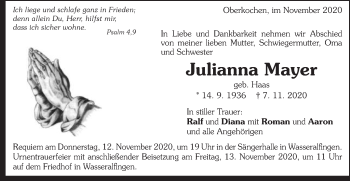Traueranzeige von Julianna Mayer von Schwäbische Post