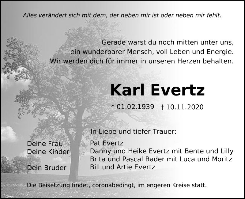  Traueranzeige für Karl Evertz vom 16.11.2020 aus Schwäbische Post