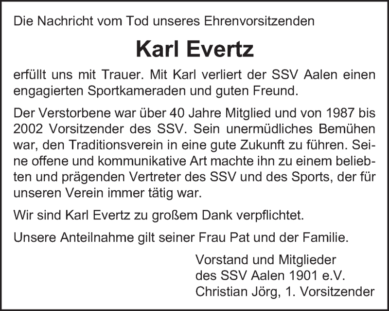  Traueranzeige für Karl Evertz vom 19.11.2020 aus Schwäbische Post