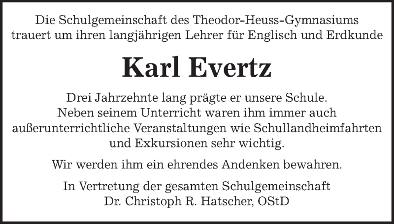  Traueranzeige für Karl Evertz vom 25.11.2020 aus Schwäbische Post