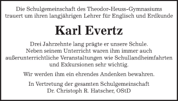 Traueranzeige von Karl Evertz von Schwäbische Post