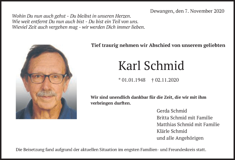  Traueranzeige für Karl Schmid vom 07.11.2020 aus Schwäbische Post