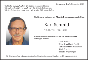 Traueranzeige von Karl Schmid von Schwäbische Post