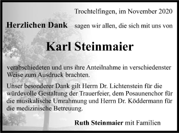 Traueranzeige von Karl Steinmaier von Schwäbische Post