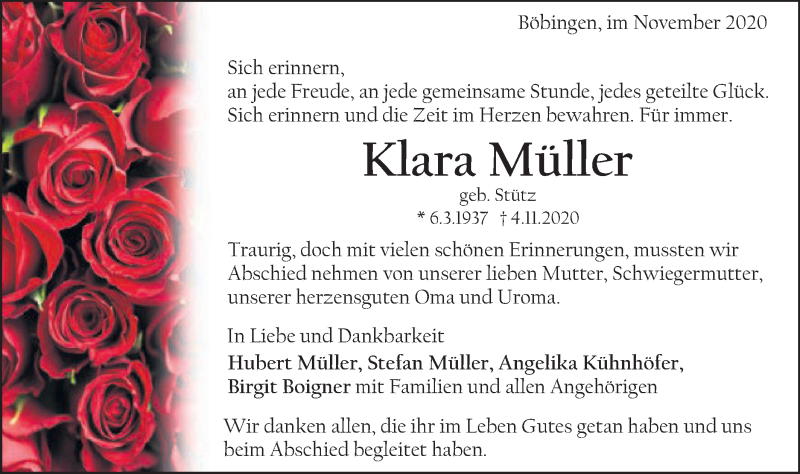  Traueranzeige für Klara Müller vom 13.11.2020 aus Gmünder Tagespost