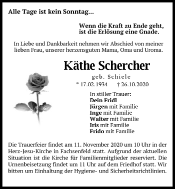 Traueranzeige von Käthe Schercher von Schwäbische Post